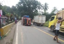 Truk Bermuatan Hebel Terguling di Ruas Jalan Jasinga-Cigudeg, Sebabkan Kemacetan